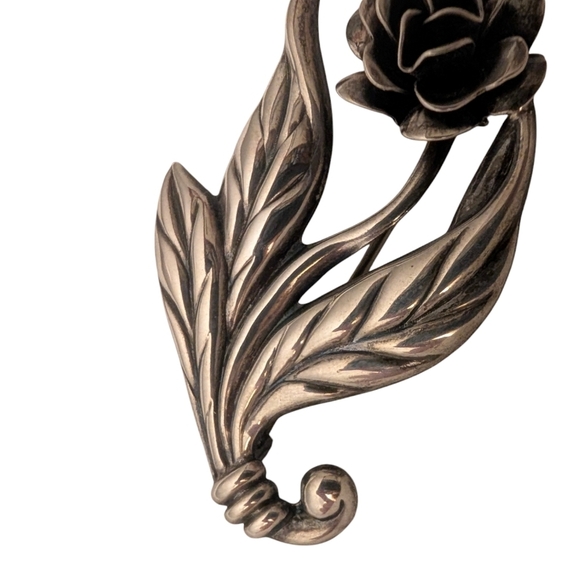 ROSE FLOWER Sterling Silver Vintage Retro Brooch Leaf Pin - Picture 6 of 9